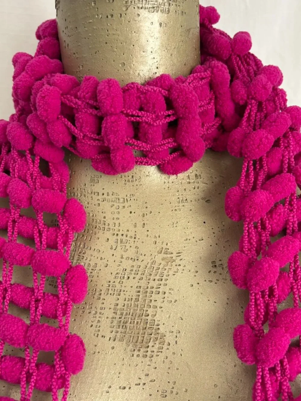 Y2K Hot Pink Pom Pom Scarf Fuzzy Textured Retangle Whimsy Vintage